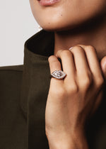 Load image into Gallery viewer, model wearing Le Kiss Collection lip shape lab grown diamond halo settings in rose gold by Victoire