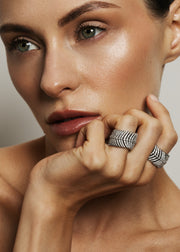 Art Deco Vivienne ring featuring pave lab grown diamonds worn on model by Victoire