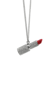 Lipstick shape pendant in lab grown diamonds pavee on white gold chain